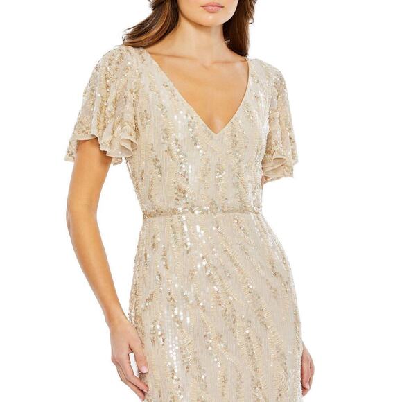Mac Duggal Oyster Beige Sequined V Neck Flutter Sleeve Tea Length Dress 6 NWT - Picture 3 of 11